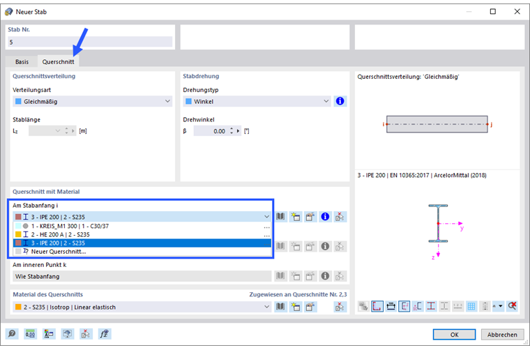 Auswahl von IPE 200 Profil