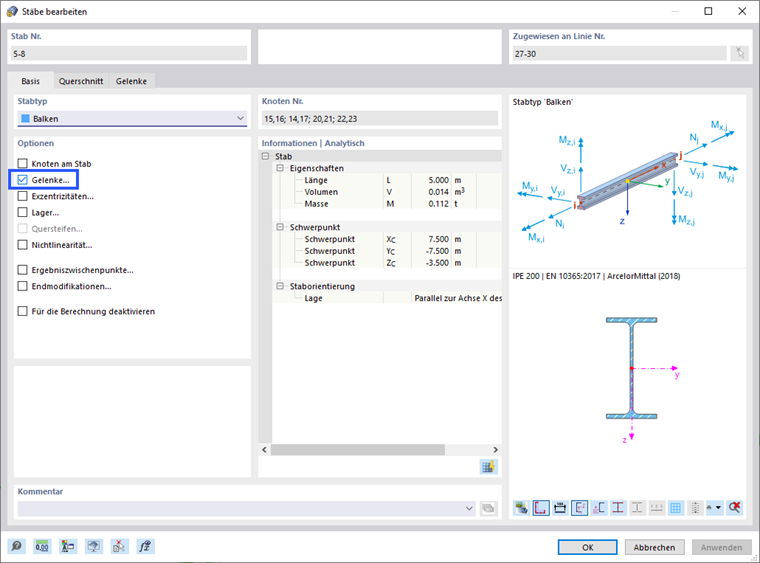Dialog 'Stäbe bearbeiten'