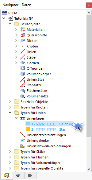 Navigator mit vordefinierten Linienlagertypen
