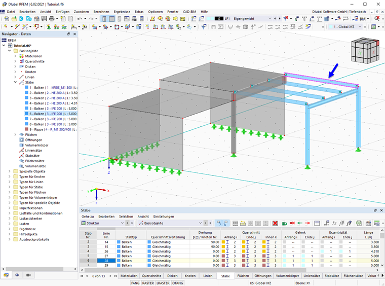 Statikmodell mit ausgewähltem Stab (in Navigator bzw. Tabelle) grafisch hervorgehoben