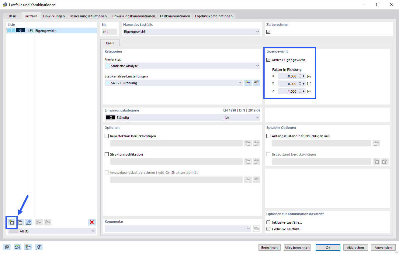 Dialog 'Lastfälle und Kombinationen'