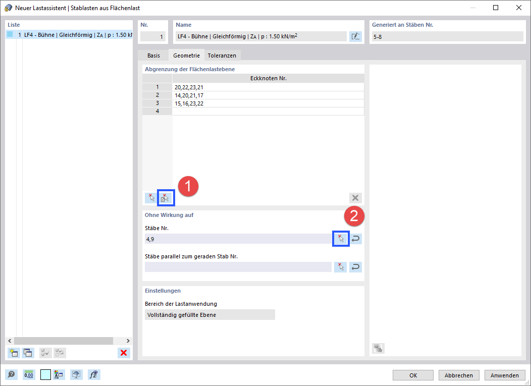 Reiter 'Geometrie' mit Funktionen zur grafischen Definition der Lastfläche