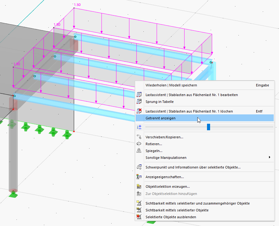 Flächenlast auf Bühne und zugehöriges Kontextmenü