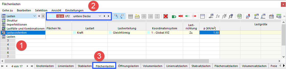 Tabellen für 'Lasten' auswählen