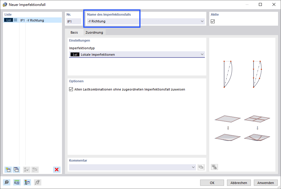 Dialog 'Neuer Imperfektionsfall'