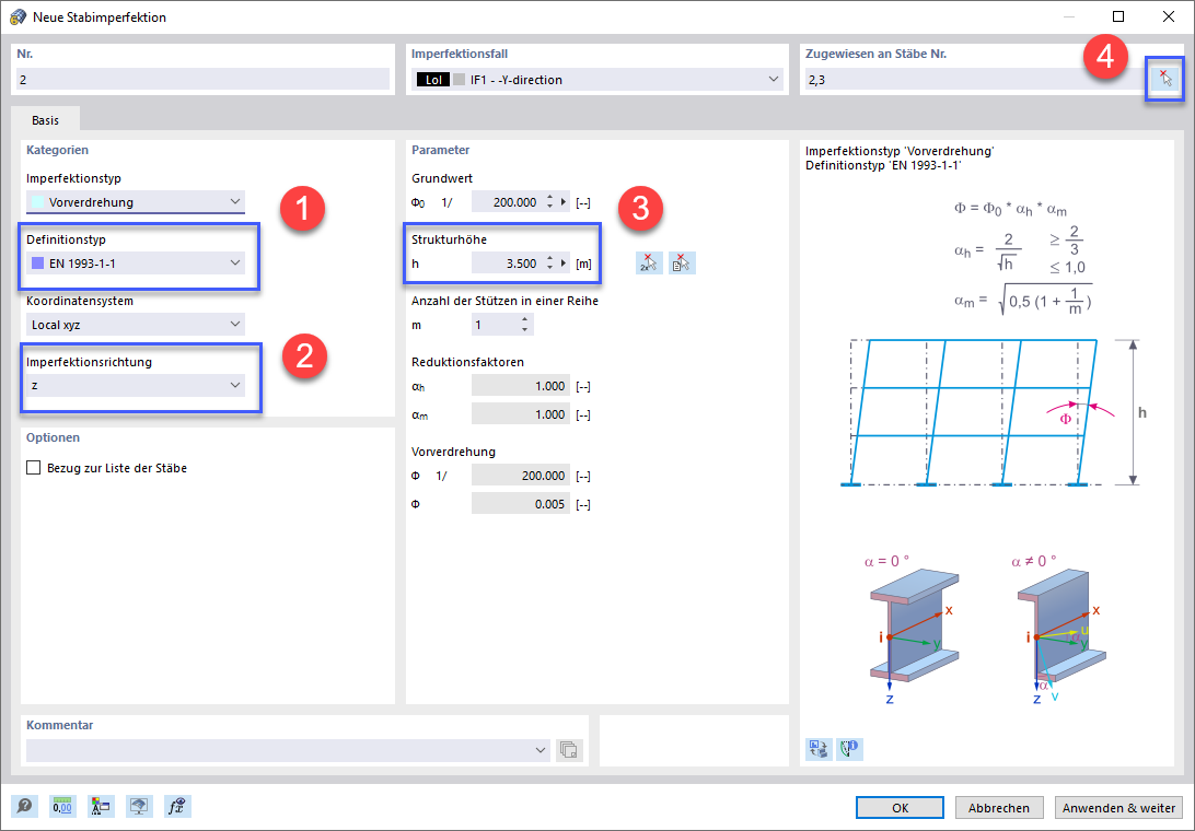 Definieren der Schiefstellung der Stahlstützen