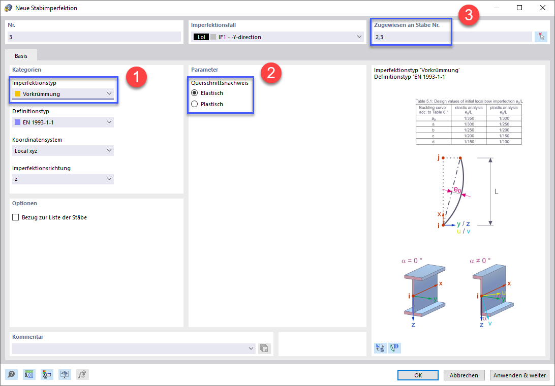 Definieren der Vorkrümmung der Stahlstützen