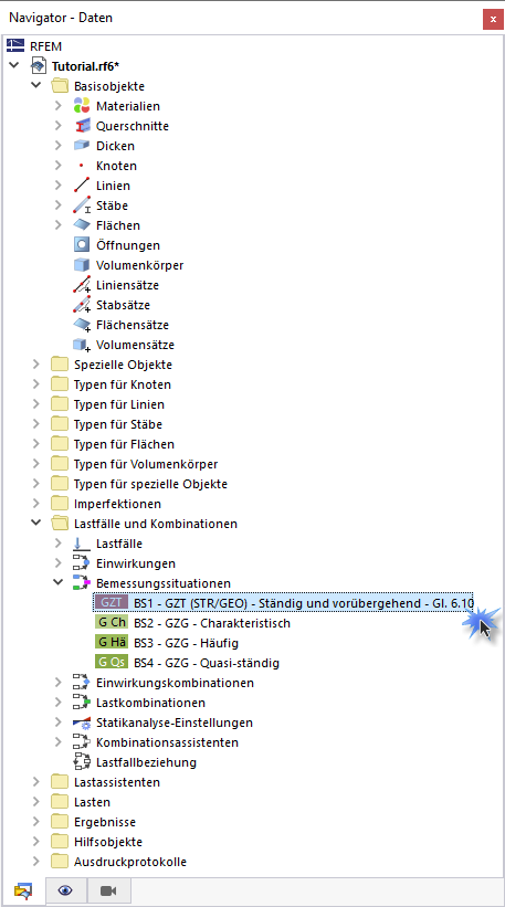 Bemessungssituationen im Navigator