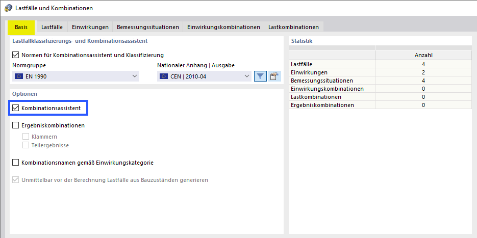 Aktivierter Kombinationsassistent im Reiter 'Basis'