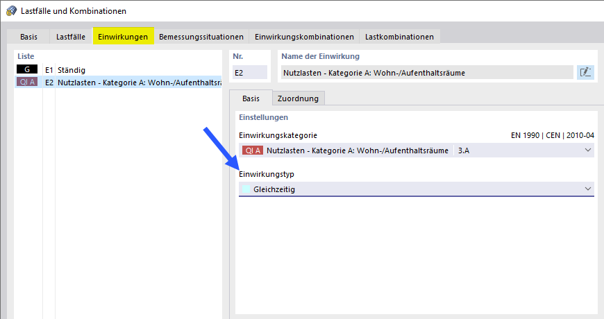 Einwirkungstyp 'Gleichzeitig' für Nutzlasten
