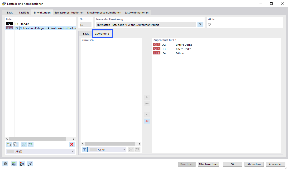 Reiter 'Einwirkungen' und Unterregister 'Zuordnung' mit Lastfällen der Einwirkungskategorie E2