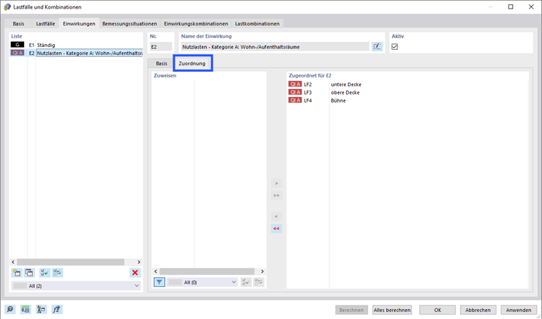 Reiter 'Einwirkungen' und Unterregister 'Zuordnung' mit Lastfällen der Einwirkungskategorie E2