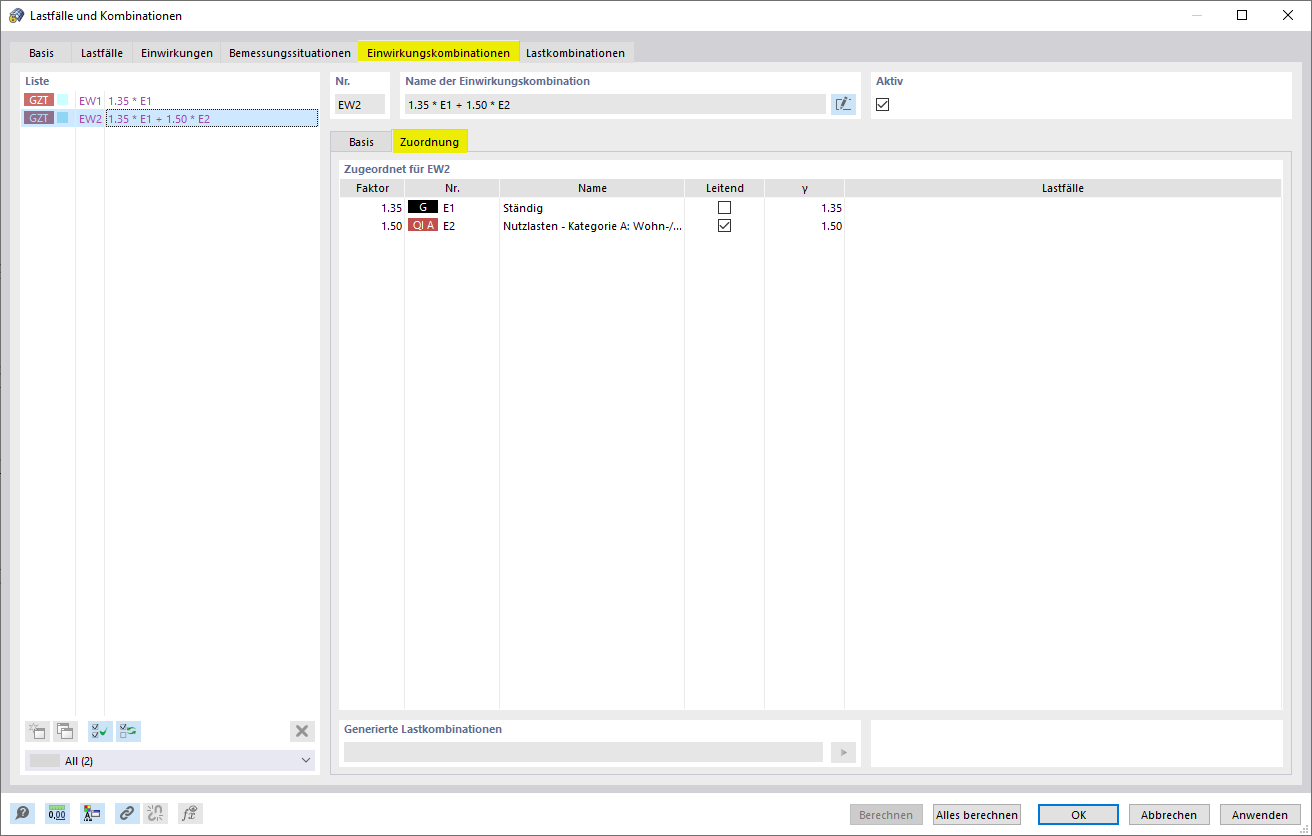 Reiter 'Einwirkungskombinationen' und Unterregister 'Zuordnung' mit Einwirkungen und Sicherheitsbeiwerten von EW2