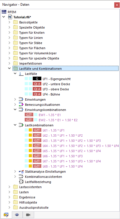 Lastfälle und Kombinationen im Navigator