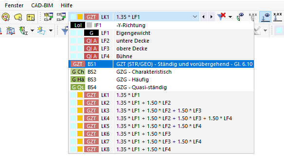 Lastfall oder Lastkombination in der Symbolleistenliste auswählen