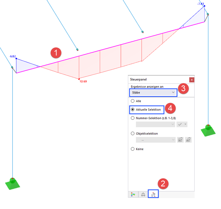 Aktuelle Selektion auf Anzeige der Momente im Rahmenträger anwenden