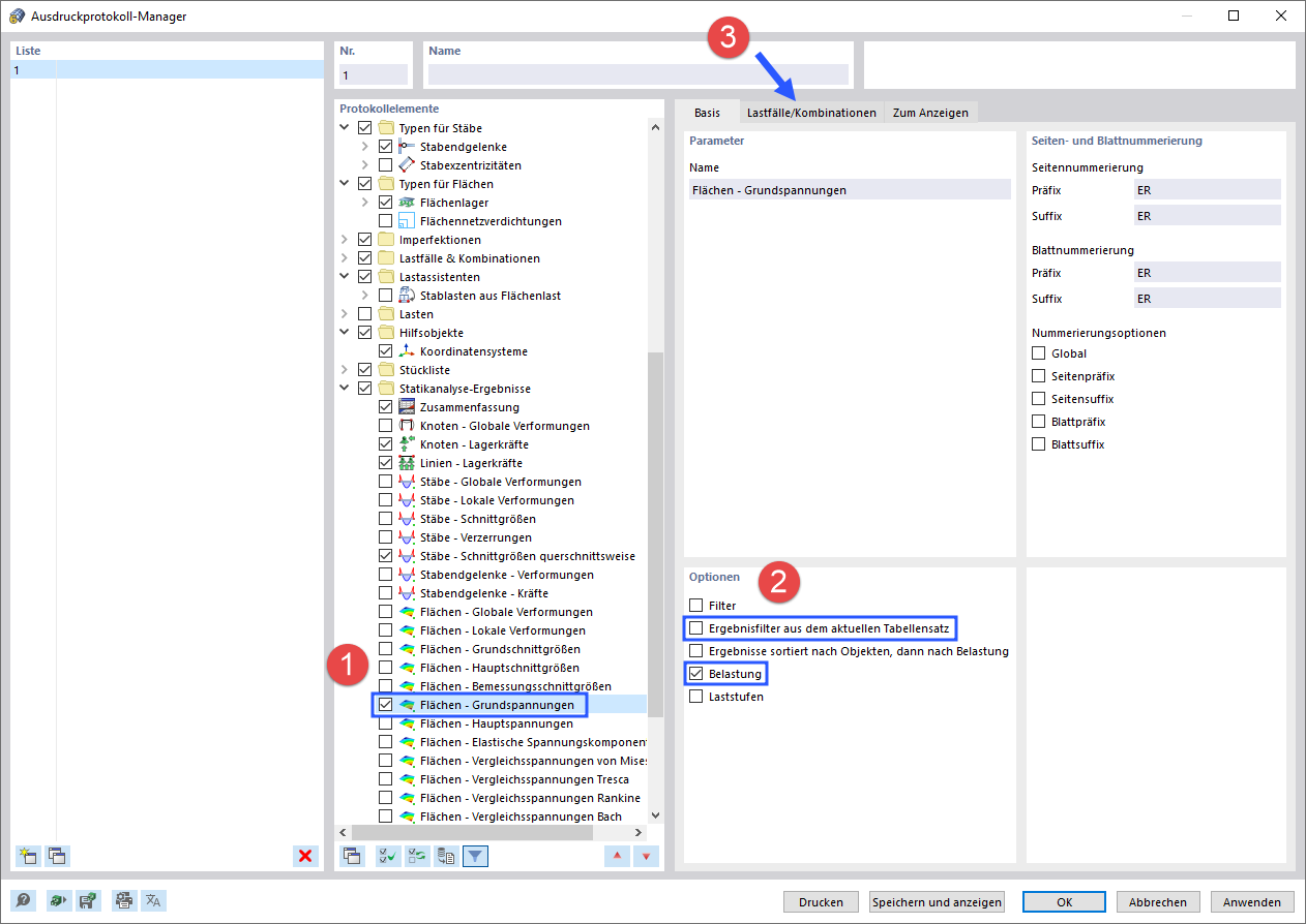 Daten für Ausdruckprotokoll auswählen