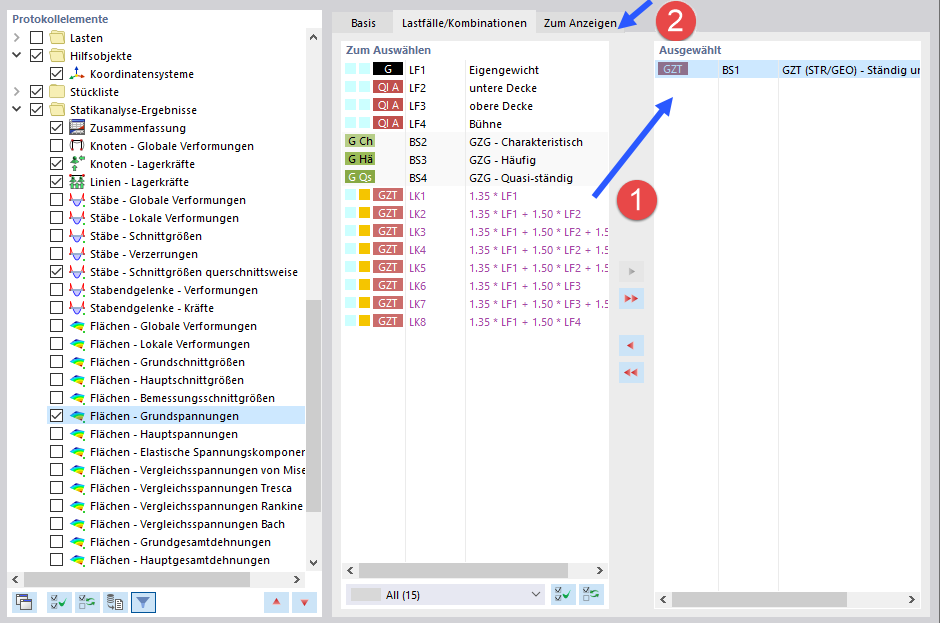 Lastfälle und Lastkombinationen auswählen