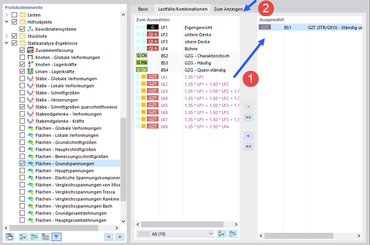 Lastfälle und Lastkombinationen auswählen