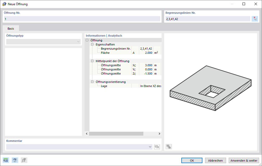 Dialog 'Neue Öffnung'