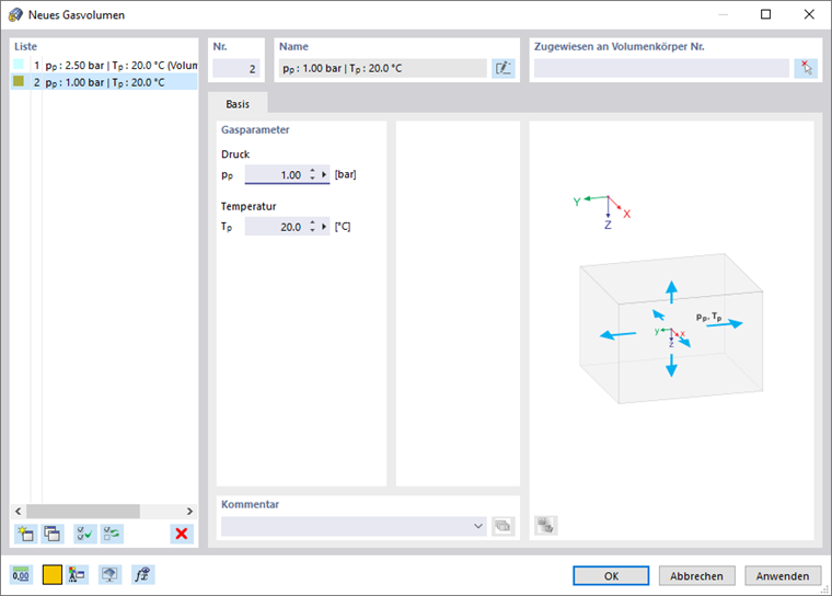 Dialog 'Neues Gasvolumen'
