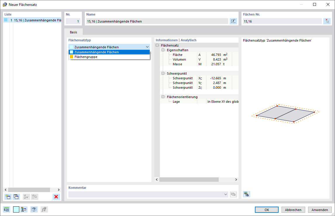 Dialog 'Neuer Flächensatz'