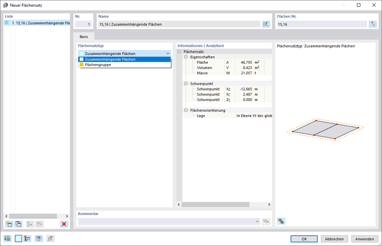 Dialog 'Neuer Flächensatz'