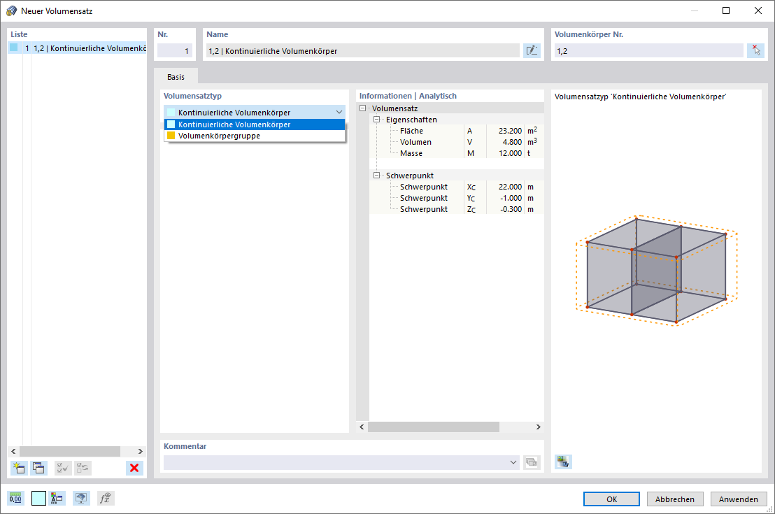 Dialog 'Neuer Volumensatz'