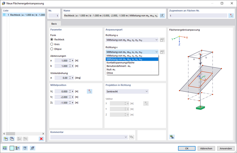 Dialog 'Neue Flächenergebnisanpassung'