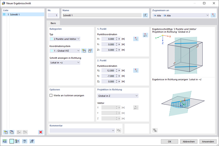 Dialog 'Neuer Ergebnisschnitt'