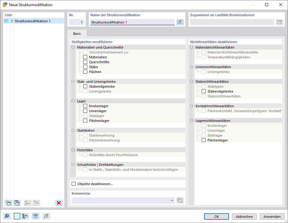 Dialog 'Neue Strukturmodifikation'