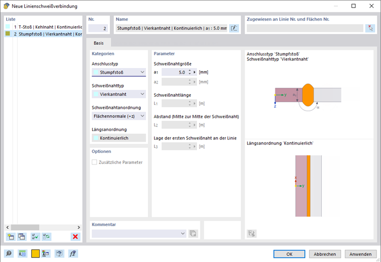 Dialog 'Neue Linienschweißverbindung'