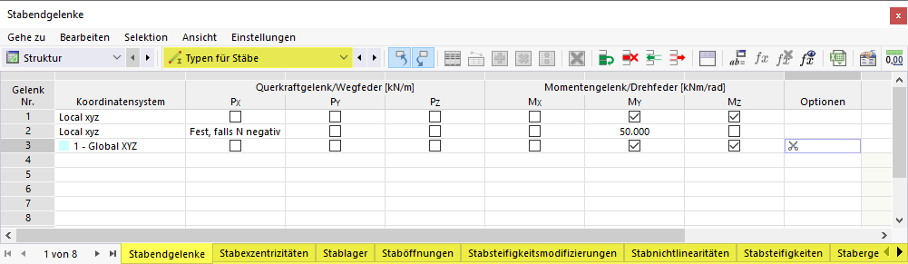 Typen für Stäbe in Tabelle