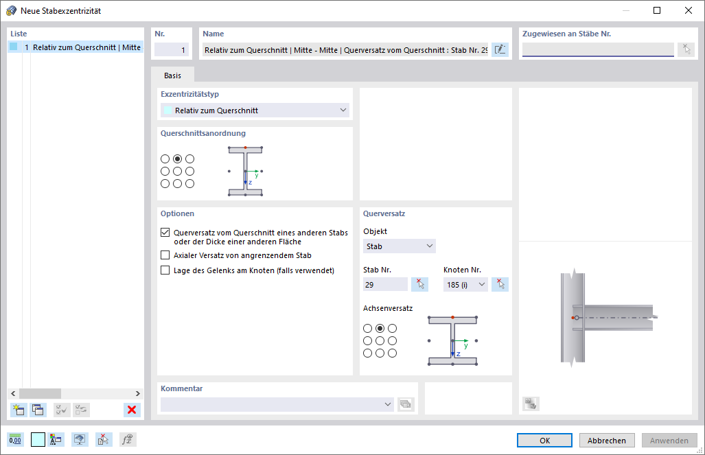 Dialog 'Neue Stabexzentrizität'