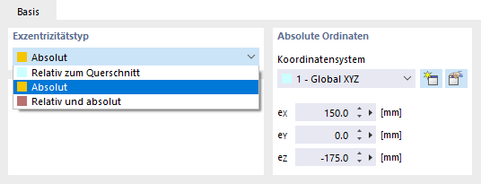 Exzentrizitätstyp auswählen und absolute Ordinaten festlegen
