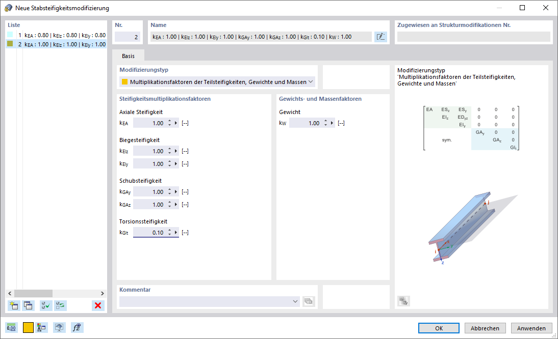 Dialog 'Neue Stabsteifigkeitsmodifizierung'