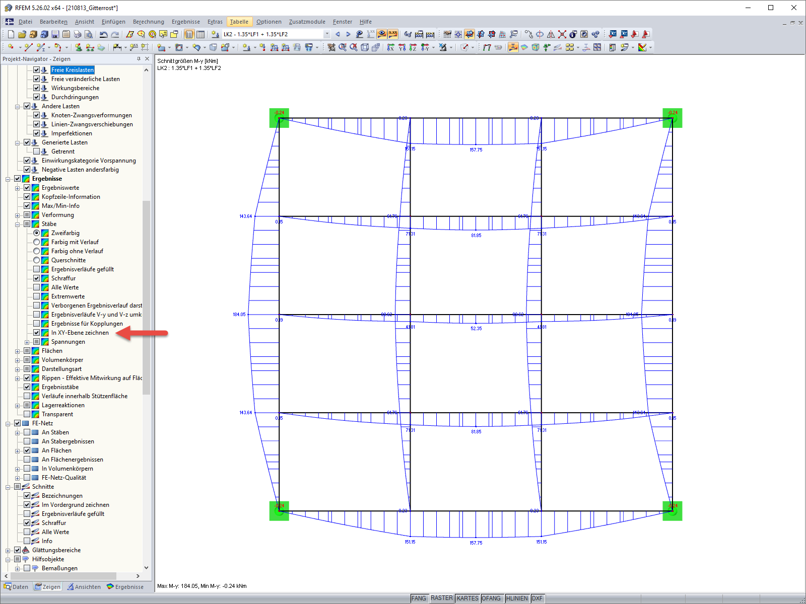 FAQ 005045 | Ich möchte die Stabergebnisse in der Draufsicht auswerten. Kann man die Ergebnisse in die XY-Ebene zeichnen lassen?