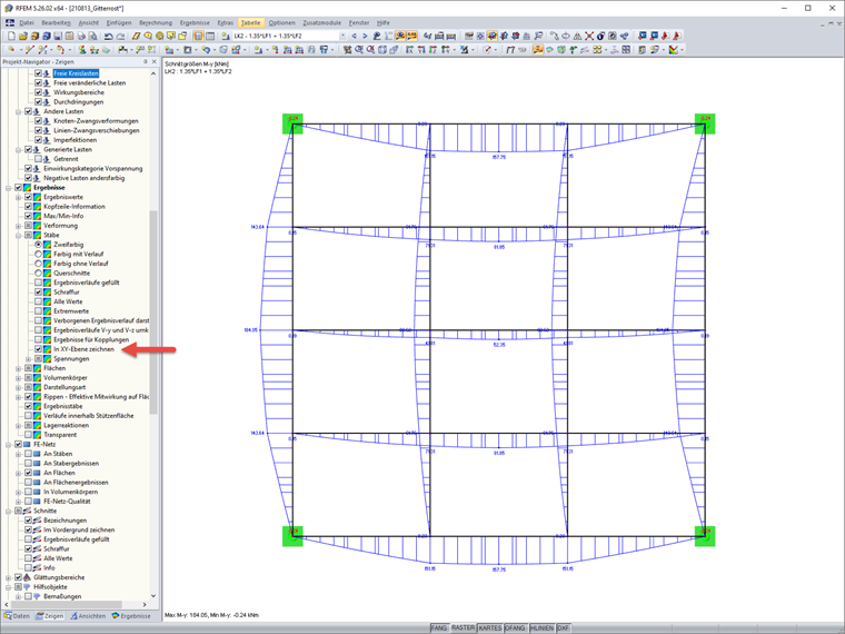 FAQ 005045 | Ich möchte die Stabergebnisse in der Draufsicht auswerten. Kann man die Ergebnisse in die XY-Ebene zeichnen lassen?