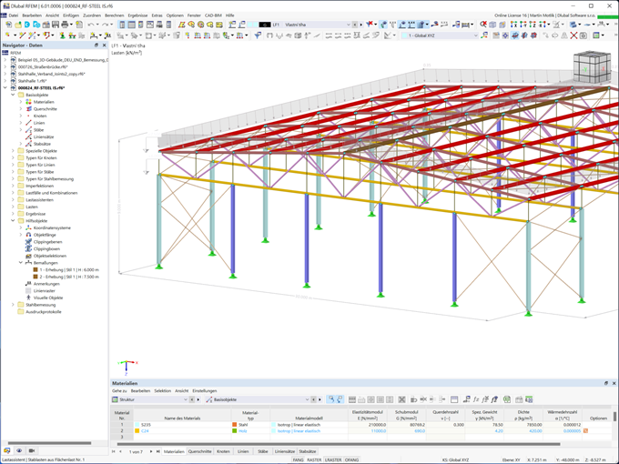 Dieses Bild zeigt ein Stahlhallenmodell mit kaltgeformten Stahlprofilen, bemessen in RFEM 6.