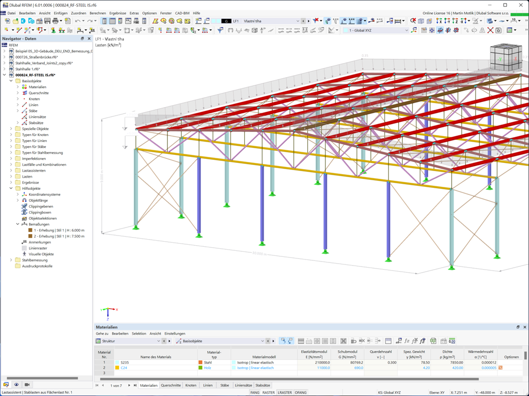 Dieses Bild zeigt ein Stahlhallenmodell mit kaltgeformten Stahlprofilen, bemessen in RFEM 6.