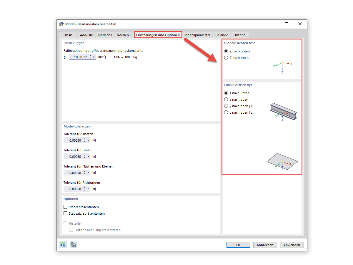 FAQ 005046 | Wo im Programm kann ich einstellen, ob die Globale Z-Achse und die Lokalen Achsen nach unten oder oben gerichtet werden sollen? 