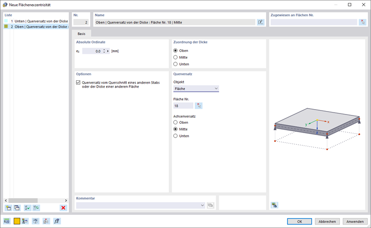 Dialog 'Neue Flächenexzentrizität'