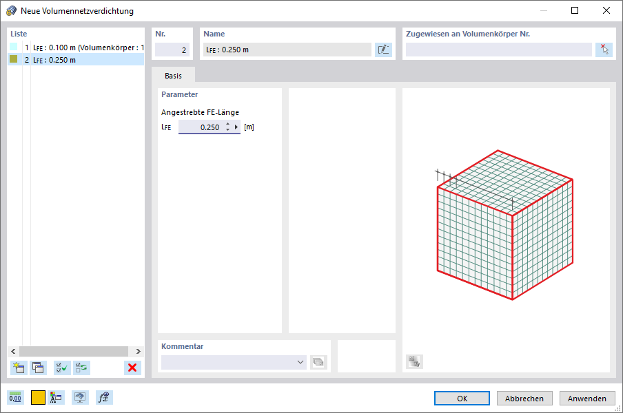 Dialog 'Neue Volumennetzverdichtung'