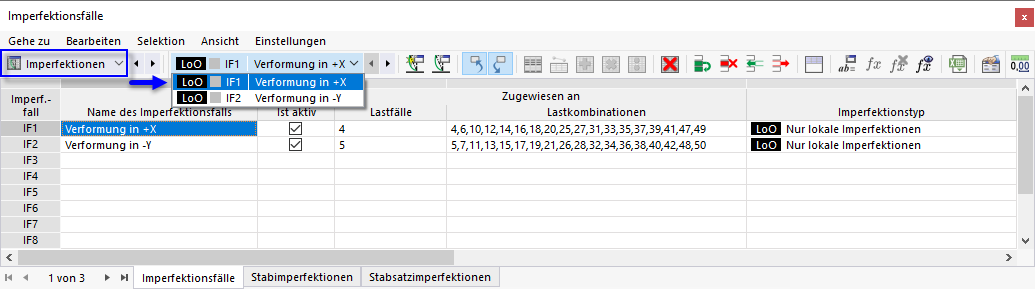 Imperfektionen und Imperfektionsfälle in Tabelle