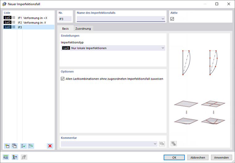 Dialog 'Neuer Imperfektionsfall'