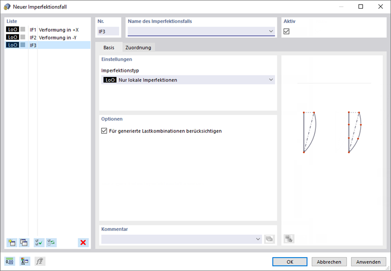 Dialog 'Neuer Imperfektionsfall'