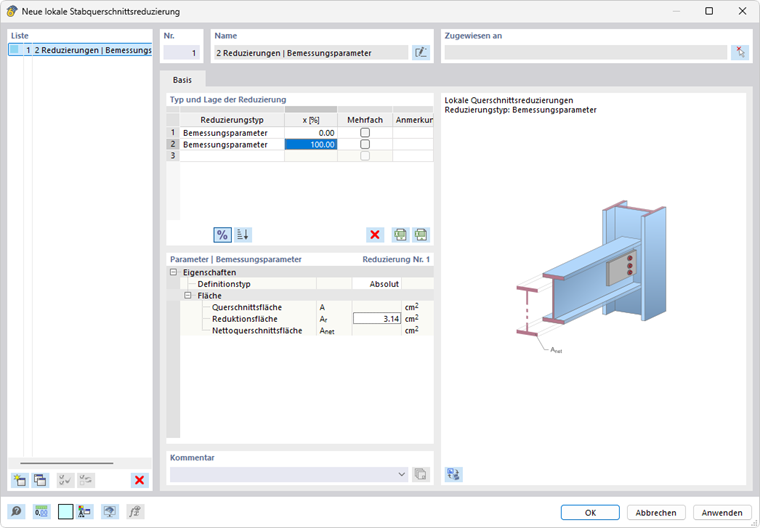 Dialogfenster für die Eingabe von lokalen Stabquerschnittsreduktionen in der Stahlbemessung.