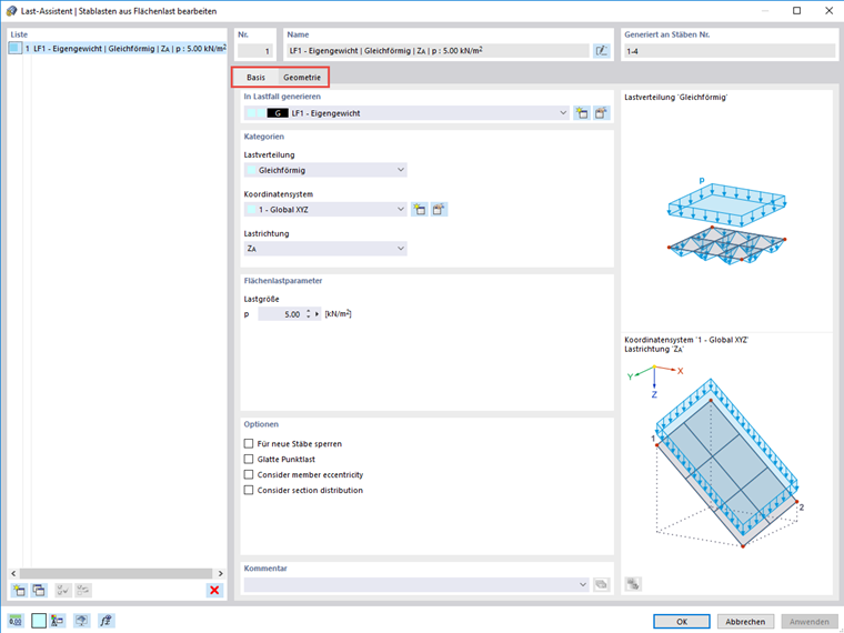 FAQ 005053 | Welche Möglichkeiten gibt es, Flächenlasten auf die Stäbe eines ebenen Stabtragwerkes als Stablasten zu verteilen?