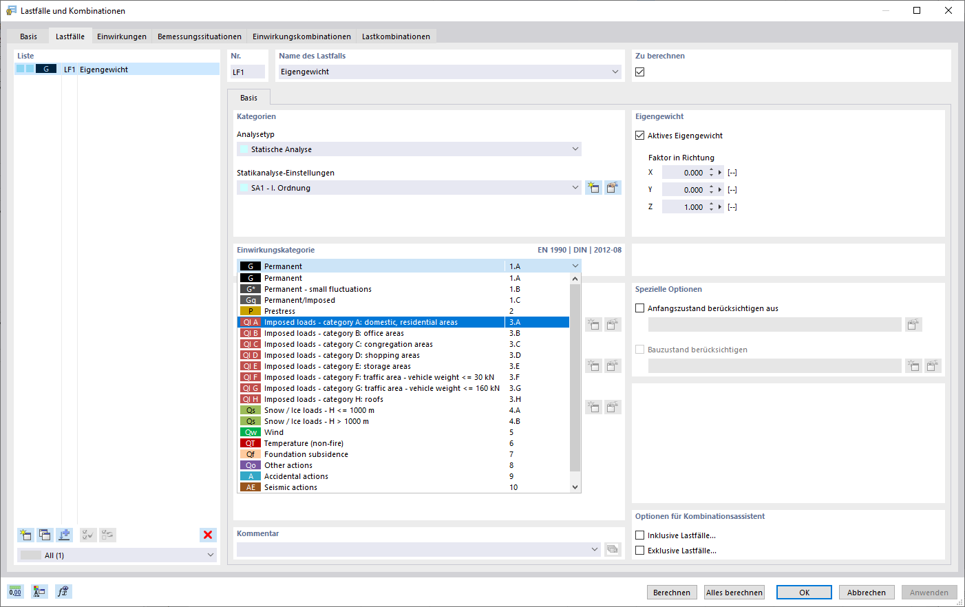 Automatische Erstellung von Lastfällen und Kombinationen in einem übersichtlichen Fenster