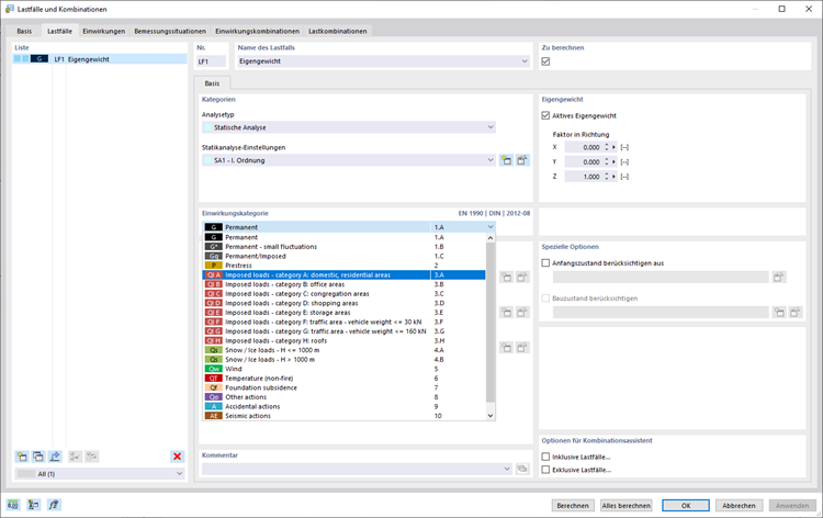 Automatische Erstellung von Lastfällen und Kombinationen in einem übersichtlichen Fenster